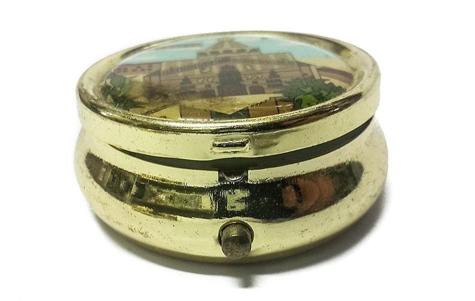 Holy land Keepsake Round Golden Metal Pill Mint Box Case Jerusalem 1.6" N2