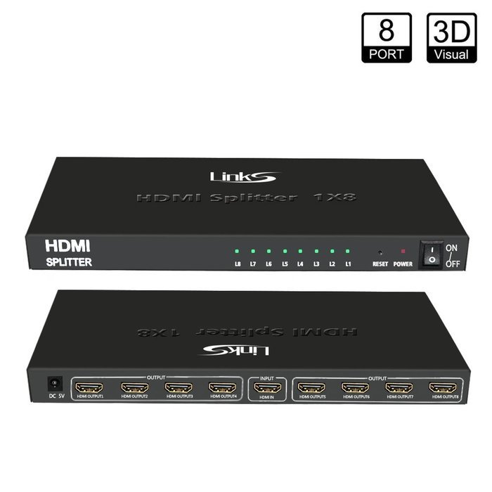 LinkS 1x8 8 Ports HDMI Powered Splitter for Full HD 1080P & 3D Support (One Input To Eight Outputs)