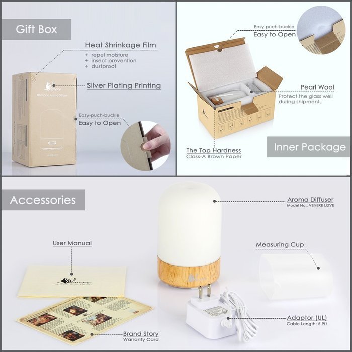 Venere Aroma Diffuser 100ml Ultrasonic Cool Mist Humidifier Real Wood Base and Glass Cover, No Beep Sound Single... N6