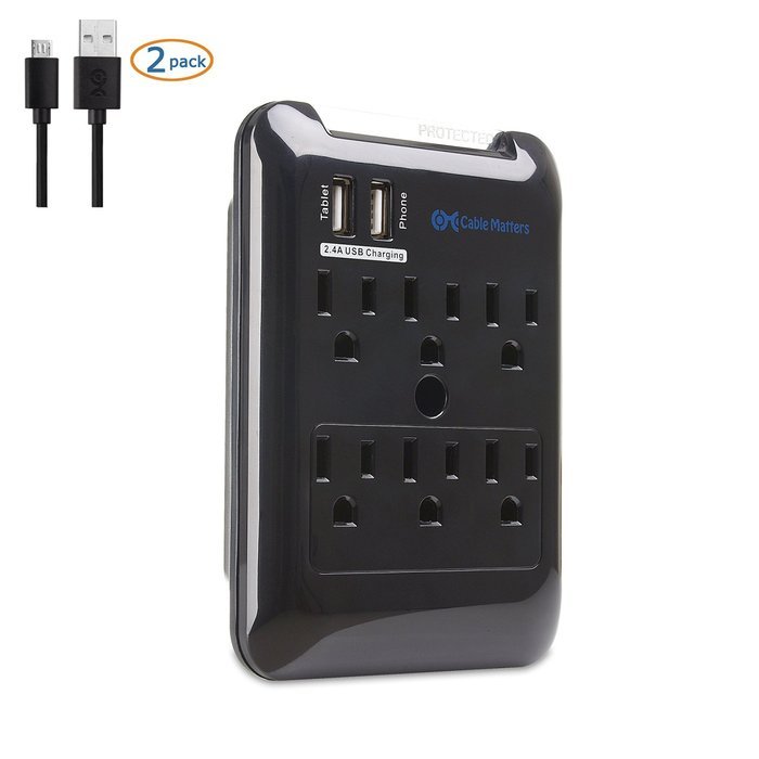 Cable Matters 6-Outlet Wall Mount Surge Protector with 2.4A Dual USB Charging N3