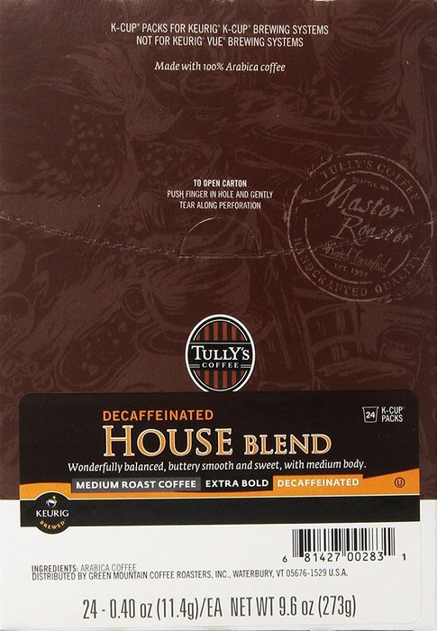 Tully's Coffee Decaffeinated House Blend, K-Cup Portion Pack for Keurig K-Cup Brewers 24-Count (Pack of 2) N16