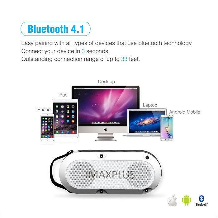 IMAXPLUS Outdoor Wireless Bluetooth Speakers 4.1 with Waterproof IPX6,12 Hours Playtime,TF Card Play and Hands-Free... N5