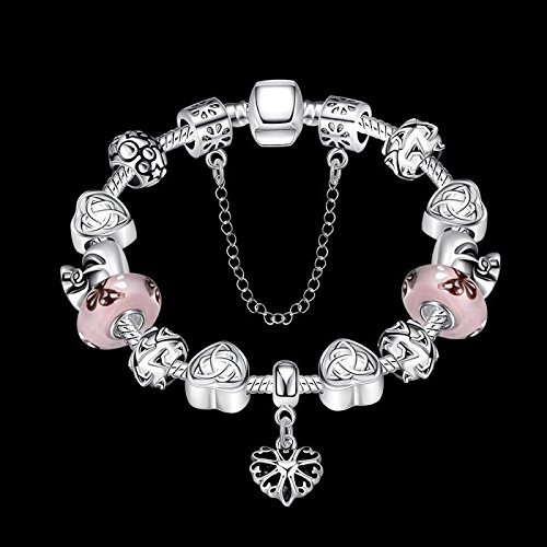 Women 925 Sterling Silver Plated Crystal Love Heart Flower Bracelet Jewelry