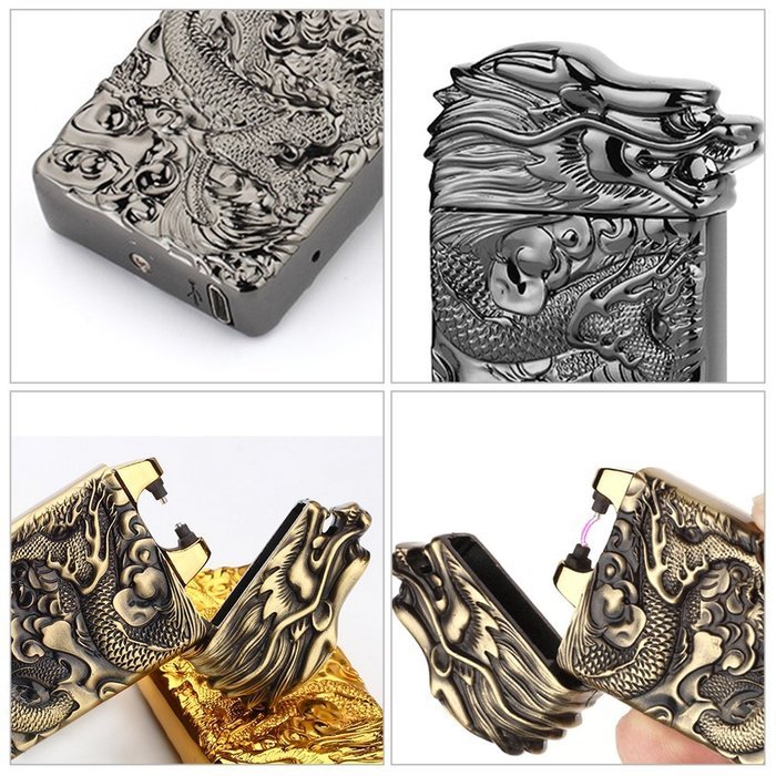 MeanHoo Portable High-end Metal Retro Draon electronic lighters Usb Rechargeable flameless windproof cigar usb... N3