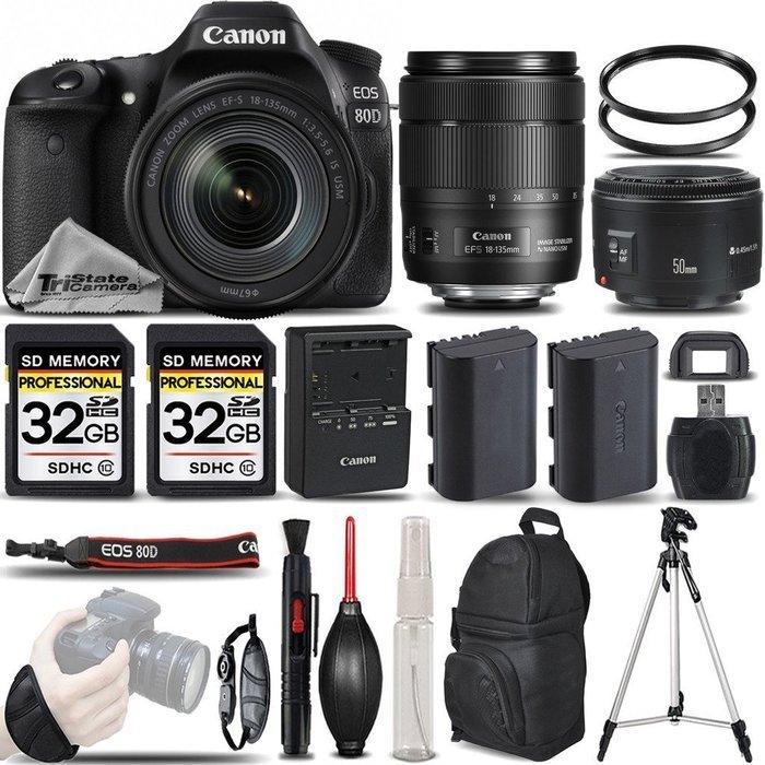 Canon EOS 80D Wi-Fi Full HD 1080P Digital SLR Camera + Canon 18-135mm IS USM Lens + Canon 50mm 1.8 II Lens + Extra... N2