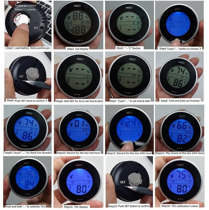 MIEO Round Digital Hygrometer Thermometer for Humidor HH654 with Clock N15