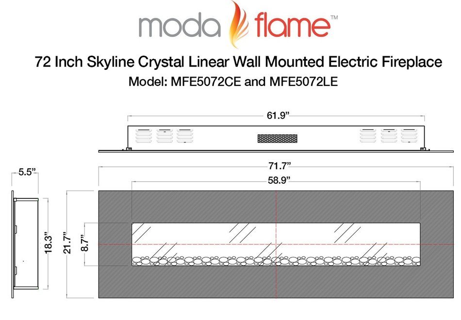 Moda Flame 72" Skyline Log Linear Wall Mounted Electric Fireplace