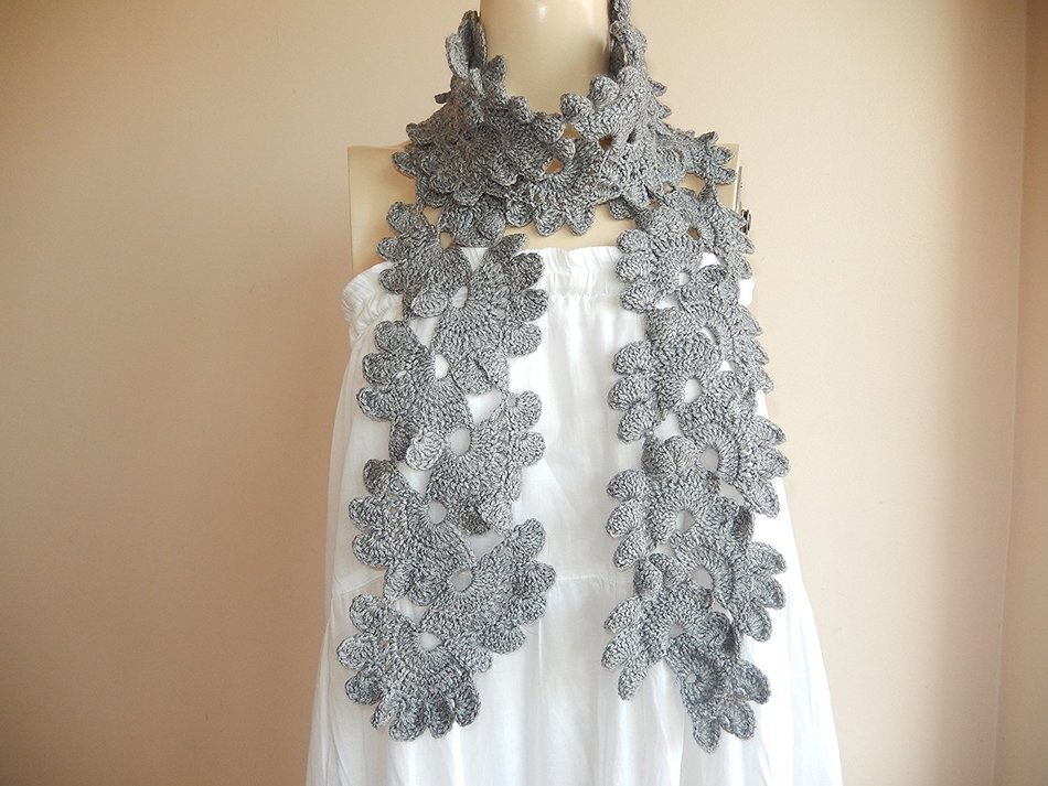 Grey Crochet Scarf -Long Crochet Scarf/woman Gift Scarf/winter Accessory-wool Scarf