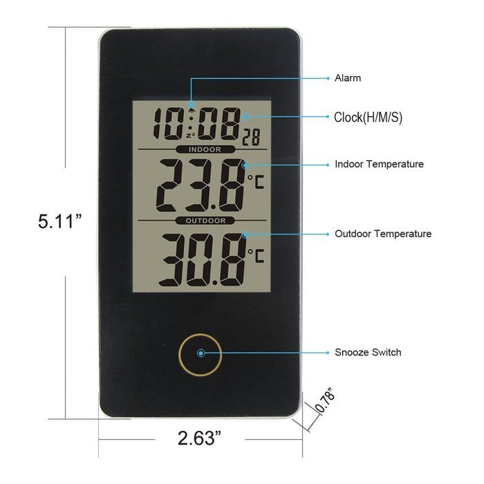 DYKIE Wireless Weather Station Black with Indoor Outdoor Temperature Digital Alarm Clock N5