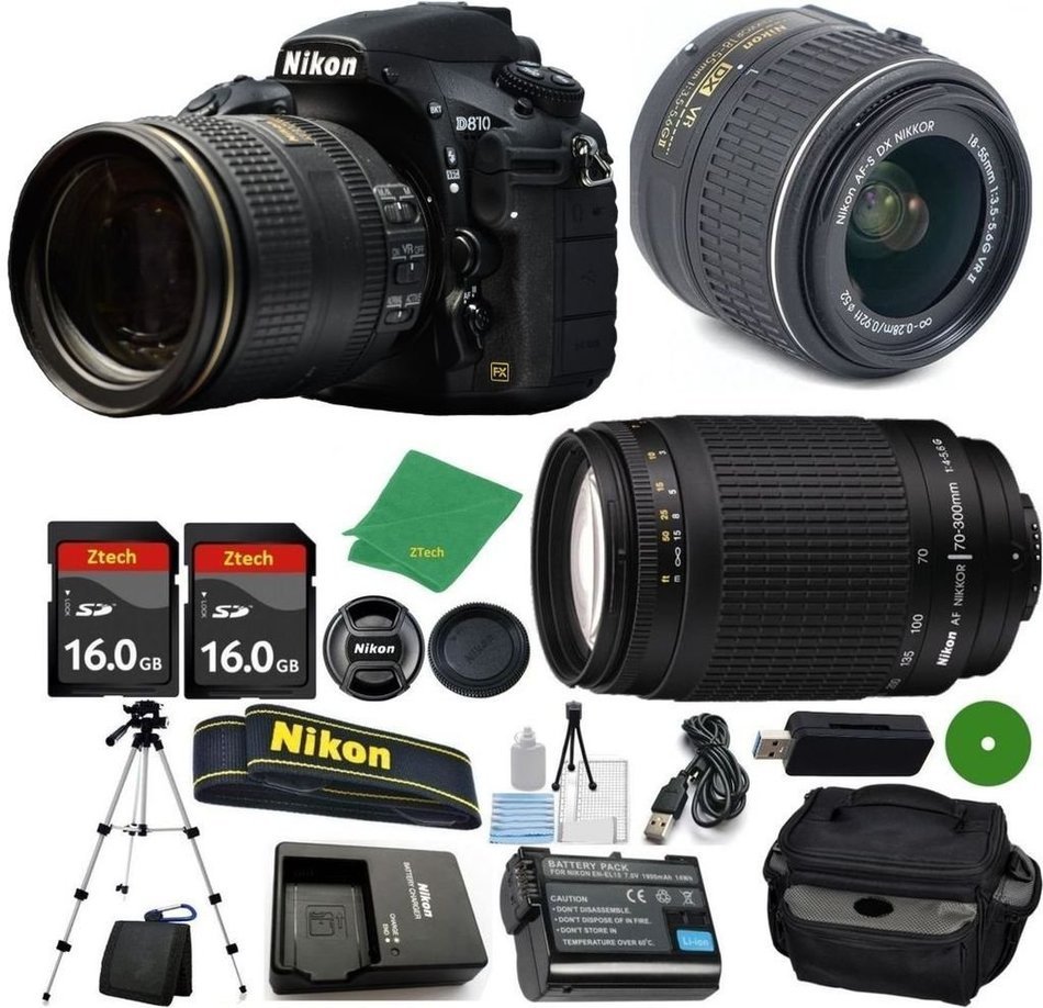 Nikon D810 DSLR - International Version (No Warranty), 18-55mm f/3.5-5.6 DX VR, Nikon 70-300mm f/4-5.6G Nikkor...