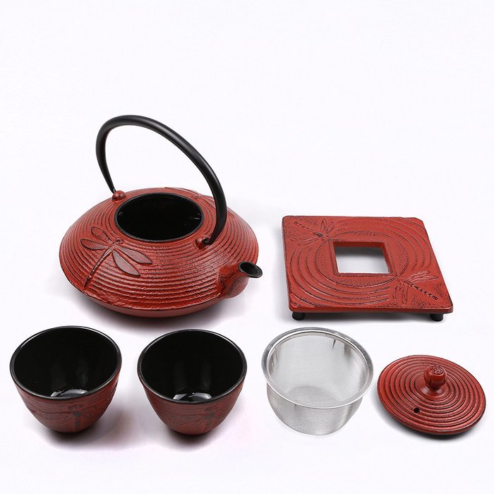 Cuisiland Dragonfly Cast Iron Teapot Set with 2 Cups 27oz Red N4