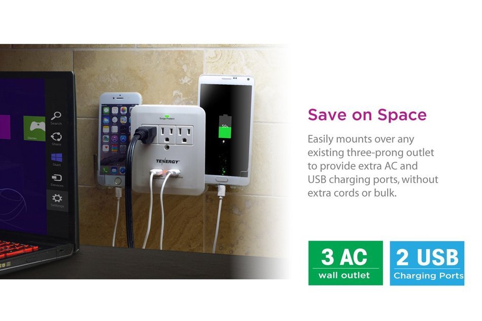 Tenergy 3 AC Outlet Wall Mount 1200 Joules Surge Protector w/ 2.4A Dual USB Charging Port & Retractable Phone...