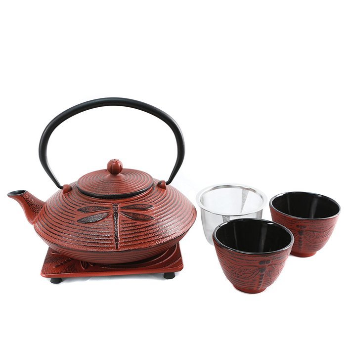 Cuisiland Dragonfly Cast Iron Teapot Set with 2 Cups 27oz Red N5