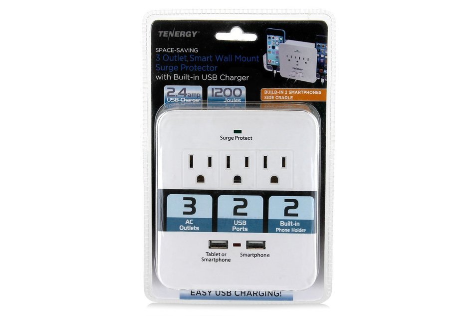 Tenergy 3 AC Outlet Wall Mount 1200 Joules Surge Protector w/ 2.4A Dual USB Charging Port & Retractable Phone... N2