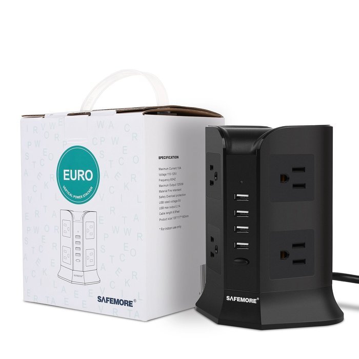 Safemore Power Strip Surge Protector Smart 8-Outlet with 4-USB Ports Socket Black