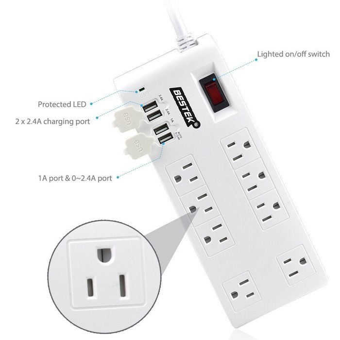 BESTEK 8-Outlet Surge Protector Power Strip 6-Foot Cord with 5.2A 4-Port USB Ports, ETL Listed N2