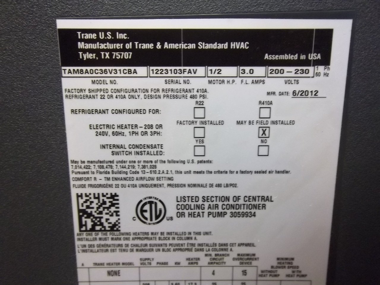 AMERICAN STANDARD New Central Air Conditioner Air Handler ...