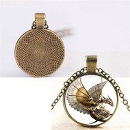 Vintage Steampunk Dragon Photo Cabochon Glass Pendant Bronze CHAIN Necklace N3