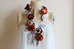 Rose Scarf- Pastel Crochet Scarf-Rose Scarf-Necklace Lariat Scarf- Cinnamon,Burnt Orange,Taupe, Brown Scarf- Christmas... N2