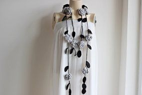 Rose Grey Scarf-Gray Lariat Necklace -Gray Roses with Black Leaves-Christmas Gift For Her Girlfriend Wife Mother-Vegan... N2