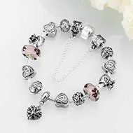 Women 925 Sterling Silver Plated Crystal Love Heart Flower Bracelet Jewelry N7