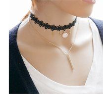 Adorable Woman Hot Sexy Black Lace Multi Layers Tattoo Choker Necklace 2pcs Set Vintage Lolita Necklace N6
