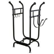 MyGift Firewood Rack, Log Holder with Starter Wood Storage &amp; Tool Hooks, Black