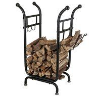 MyGift Firewood Rack, Log Holder with Starter Wood Storage &amp; Tool Hooks, Black N2