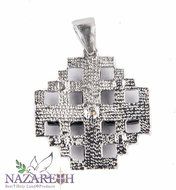 Shell Jerusalem Cross Pendant Silver Plated with Zircon Crystals Holy Land 1"