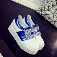 Spritech(TM) Women Girl Summer PU Leather Round Toe Crystal Design Platform Wedges Casual Shoes 37 Blue N7