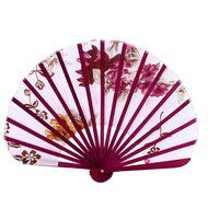 Wood Rib Seashell Shape Flower Printed Folding Hand Fan White Burgundy
