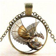 Vintage Steampunk Dragon Photo Cabochon Glass Pendant Bronze CHAIN Necklace N4