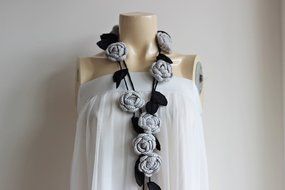 Rose Grey Scarf-Gray Lariat Necklace -Gray Roses with Black Leaves-Christmas Gift For Her Girlfriend Wife Mother-Vegan... N3