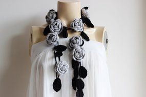 Rose Grey Scarf-Gray Lariat Necklace -Gray Roses with Black Leaves-Christmas Gift For Her Girlfriend Wife Mother-Vegan... N4