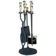 5 Pc Polished Brass And Black Stove Set - Ball Handles And Stand