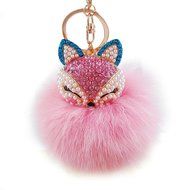 AutumnFall Fox Fur Ball with Artificial Fox Head Inlay Pearl Rhinestone Key Chain (Brown) N3