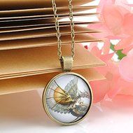 Vintage Steampunk Dragon Photo Cabochon Glass Pendant Bronze CHAIN Necklace N5