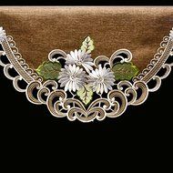 19" X 90" Wide Fireplace Mantel Scarf with White Daisy on Brown Linen and Cut Work N2