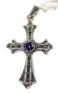 Natural Purple Amethyst quartz Crucifix Pendant Silver 925 Marcasite Cross 2" N2