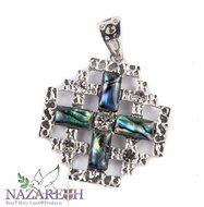 Shell Jerusalem Cross Pendant Silver Plated with Zircon Crystals Holy Land 1" N2