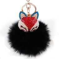AutumnFall Fox Fur Ball with Artificial Fox Head Inlay Pearl Rhinestone Key Chain (Brown) N4