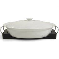White Ceramic Oval Casserole Dish with Black Wood Tray 3.7 Quart