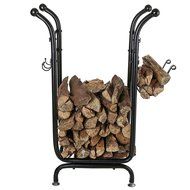 MyGift Firewood Rack, Log Holder with Starter Wood Storage &amp; Tool Hooks, Black N7