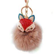 AutumnFall Fox Fur Ball with Artificial Fox Head Inlay Pearl Rhinestone Key Chain (Brown) N6