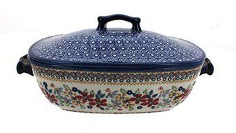 Polish Pottery Red Daisy Roaster with Lid