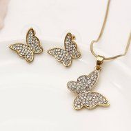 18k Gold Plated Full Crystal Butterfly/Heart Dangle Necklace+Earring Jewelry Set