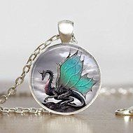 Vintage Dragon Cabochon Tibetan silver Glass Chain Pendant Necklace@4