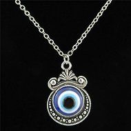 New Silver Acrylic Blue Evil Eye Mirror Crafts Pendant Chain Collar Necklace 18&quot; N2