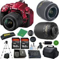 Nikon D5300 Red - International Version (No Warranty), 18-55mm f/3.5-5.6 DX VR, Nikon 55-200mm f4-5.6G ED DX Nikkor...