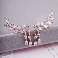 Fashion Women Gold Silver Leaves Tassel Ear Stud Crystal Zircon Earrings Jewelry Gold N3